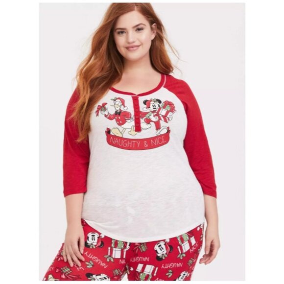 Torrid Disney Holiday Mickey Mouse Donald Duck Red Henley Sleep Top Naughty Nice - Picture 1 of 7